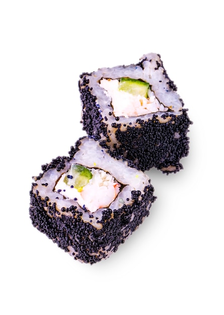 Sushi con caviale su sfondo bianco.