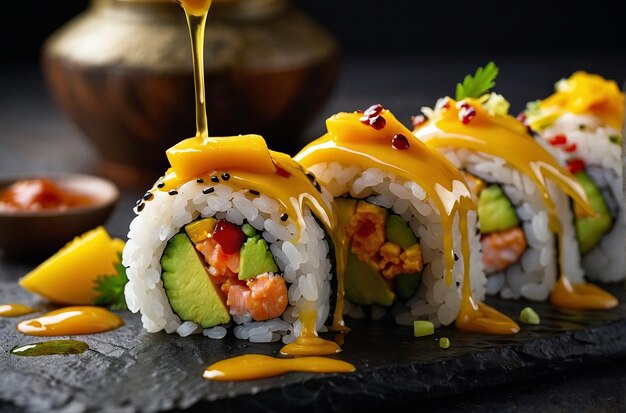 Sushi con Mango Coulis Drizzle