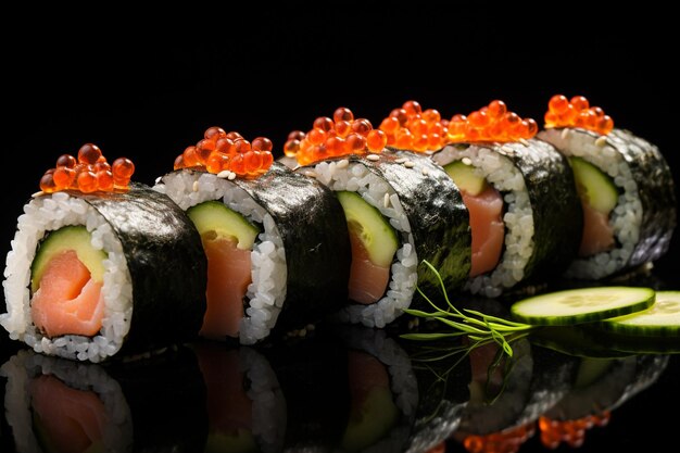 Sushi con rotoli di cetriolo e salmone roe