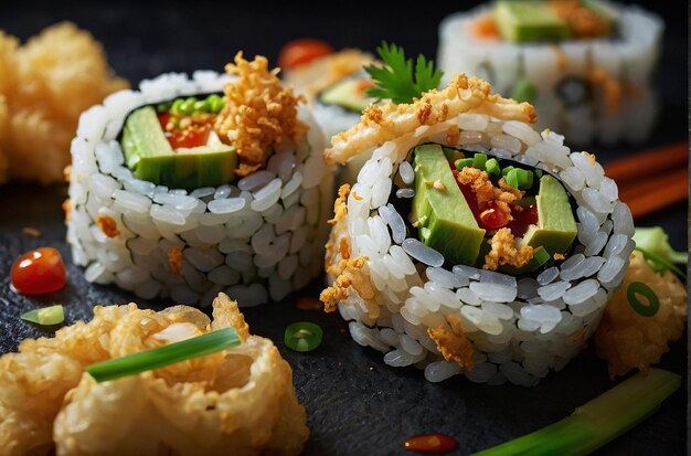 Sushi con tempura croccante, cipolla verde e aglio