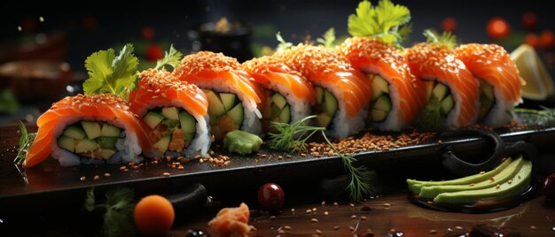 Sushi delizioso con colori vivaci e ingredienti freschi AI generativa