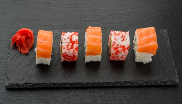 Sushi della California con il caviale rosso di tobiko e le fette di sushi di Filadelfia sul bordo dell'ardesia nera, vista dall'alto