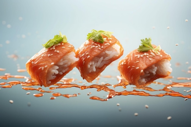 Sushi e panini levitanti Pezzi di sushi volanti Illustrazione AI generativa