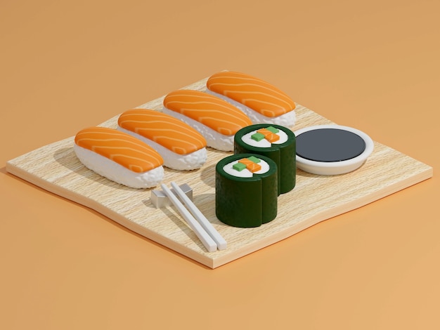 sushi e panini su un tagliere di legno con bacchette giapponesi su sfondo 3d rendering