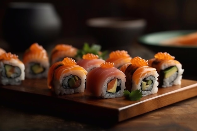 Sushi e panini su una tavola di legno Primo piano di sushi e panini IA generativa