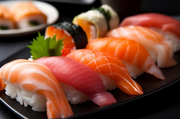 Sushi e sashimi Un piatto di sushi con sopra una foglia verde