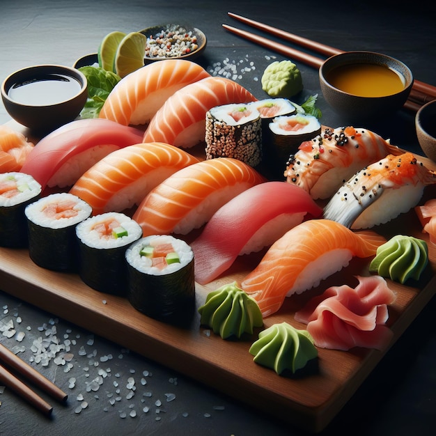 Sushi fresco assortito su un tavolo buio con condimenti da vicino