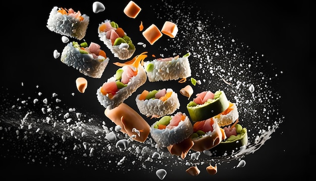 Sushi fresco che vola nell'aria, sfondo sfumato nero.