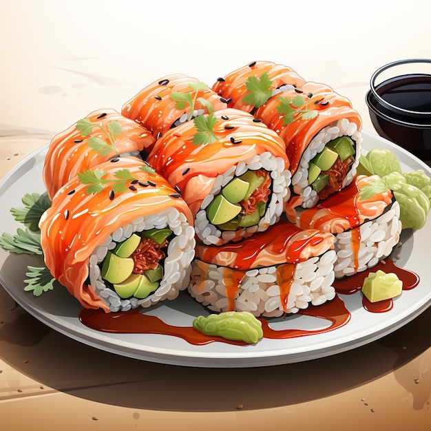 sushi giapponese con dettagli su sfondo bianco