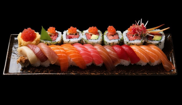 sushi giapponese su un piatto nero nello stile di marrone chiaro e rosso