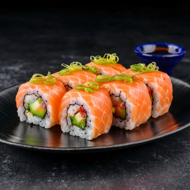 Sushi giapponese su un piatto sullo sfondo nero