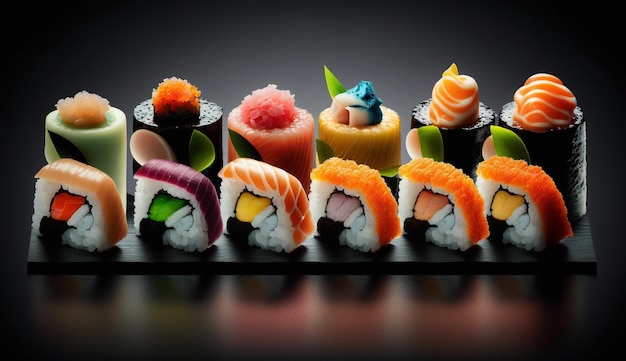 Sushi impostato su sfondo nero Rotoli di sushi e nigiri