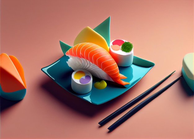 Sushi in piatto su stile soft pop rosa AI generato