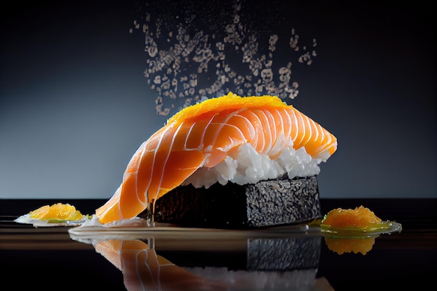 Sushi Nigiri su sfondo scuro Pesce giapponese salmone Susi Illustrazione generativa astratta di AI