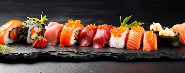 Sushi roll con salmone su ardesia nera Frutti di mare Generative ai