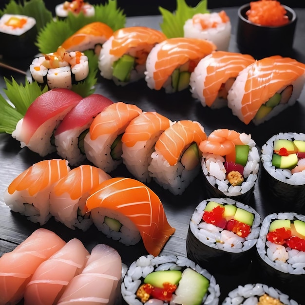 Sushi rolls maki nigiri salmone gamberi cibo tradizionale giapponese