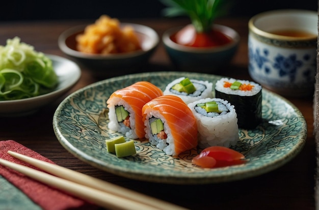 Sushi servito su bellissimi piatti di ceramica