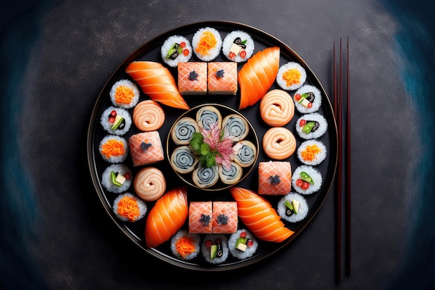 Sushi set con anguilla affumicata e salmone in rotoli con attenzione selezionata