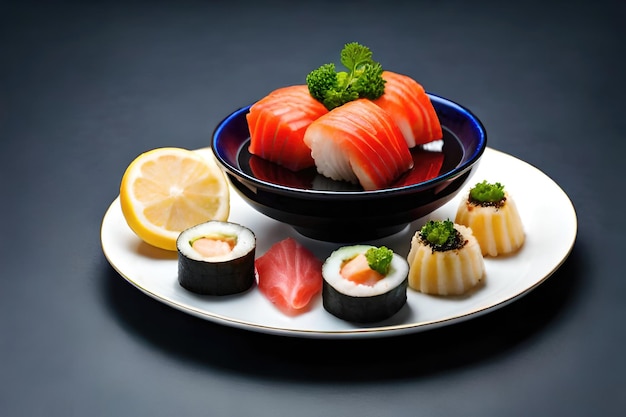 Sushi Set nigiri rolls e sashimi serviti nel tradizionale piatto rotondo Sushioke nero giapponese