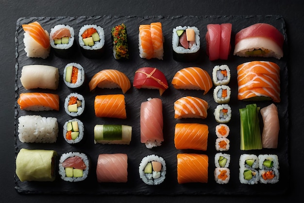 Sushi su sfondo di pietra nera Sushi roll con salmone, tonno, cetriolo e avocado