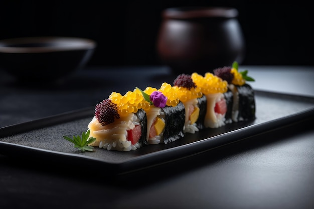 Sushi su sfondo nero Illustrazione AI Generativo