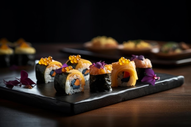 Sushi su sfondo nero Illustrazione AI Generativo