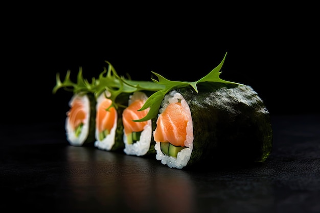 Sushi su sfondo scuro Salmone Susi pranzo Nori Maki Nigiri Sushi Roll frutti di mare giapponesi Salmon Susi Rolls Set Abstract Generative AI Illustration