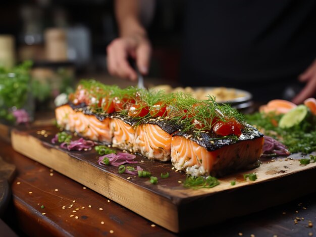 Sushi su tavola di legno sfocato sullo sfondo AI generativa