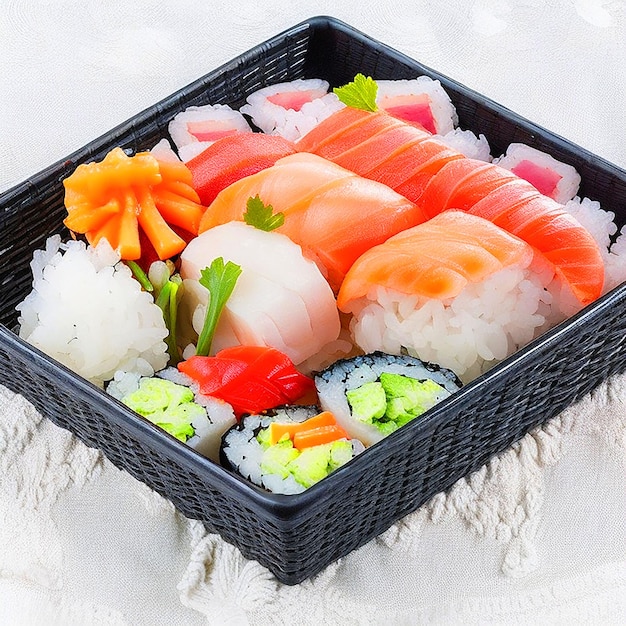 Sushi su un cesto di vimini nero download dell'immagine di sfondo bianco