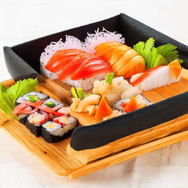 Sushi su un cesto di vimini nero download dell'immagine di sfondo bianco