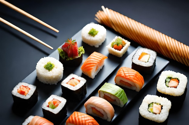 Sushi su un piatto con le bacchette