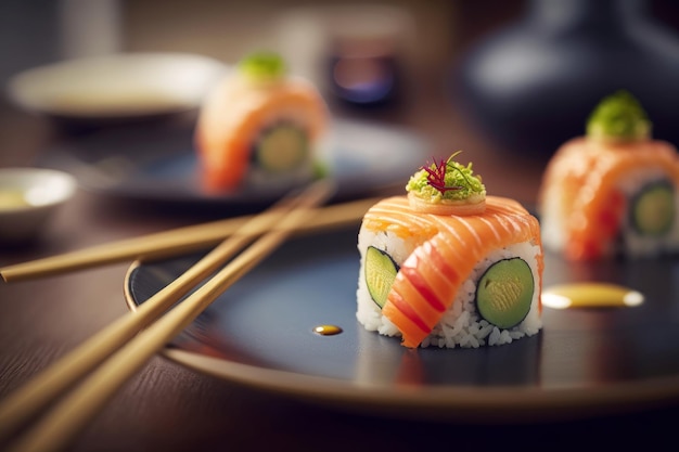 Sushi su un piatto con le bacchette