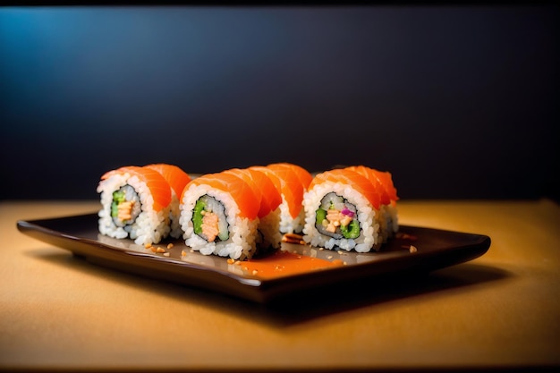 Sushi su un piatto con sopra la parola sushi