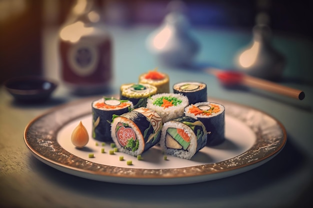 Sushi su un piatto con un piatto che dice sushi su di esso