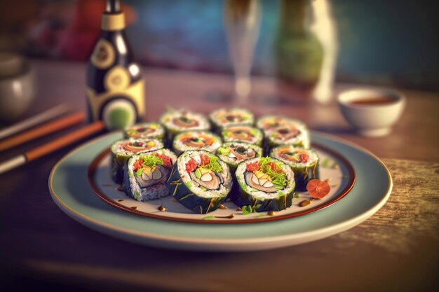 Sushi su un piatto con una bottiglia di birra dietro