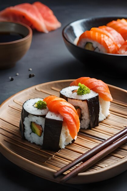 Sushi su un piatto con una ciotola di cibo giapponese