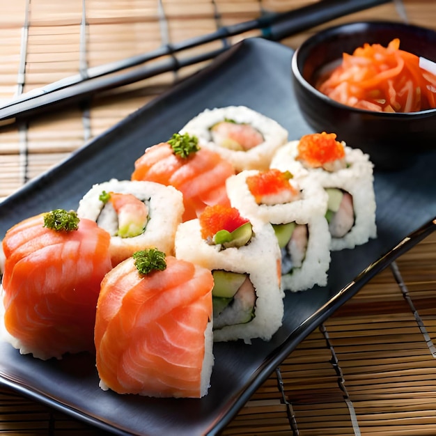 Sushi su un piatto con una ciotola di salsa all'arancia.