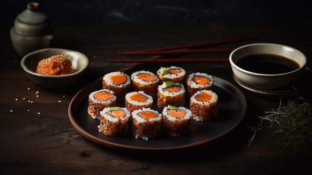 Sushi su un piatto con una ciotola di salsa di soia e un piatto di sushi