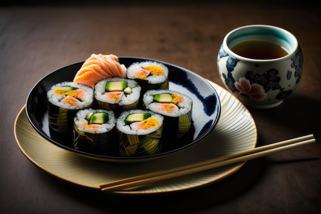 Sushi su un piatto con una tazza di tè