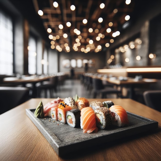 sushi su un piatto e bacchette di cibo giapponese sullo sfondo