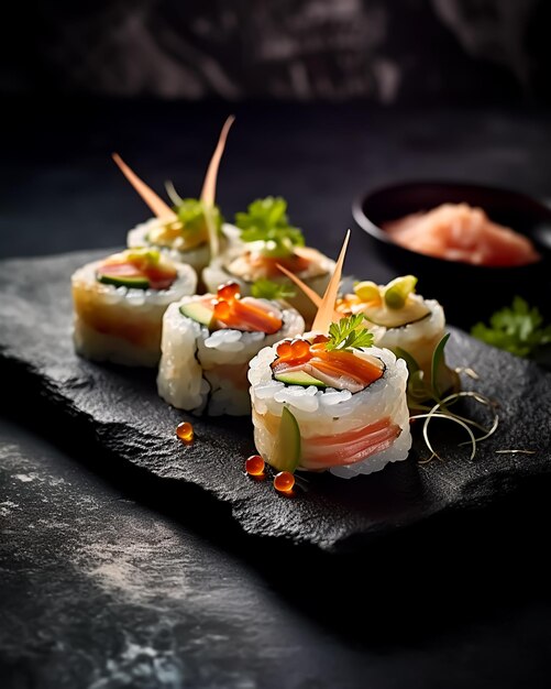 Sushi su un piatto nero con una ciotola di salmone e avocado