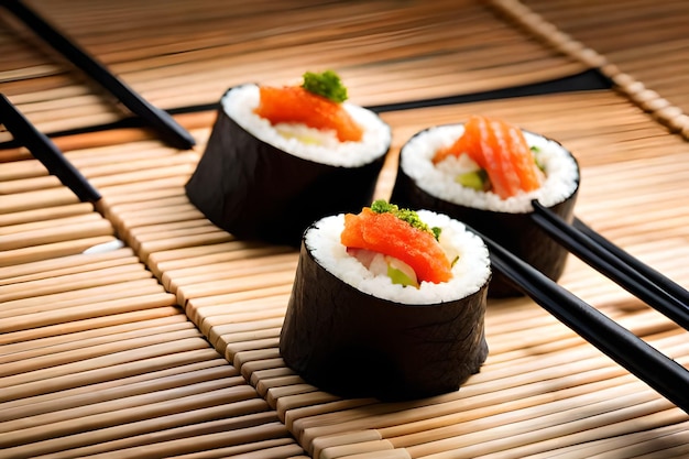 Sushi su una stuoia di bambù con un cucchiaio di legno