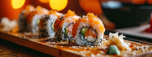 sushi su una tavola di bambù composizione alimentare giapponese