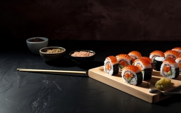 Sushi su una tavola di legno con una ciotola di riso e una ciotola di semi di soia.