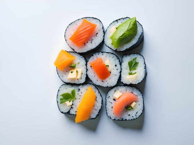 Sushi su uno sfondo bianco con la parola sushi su di esso