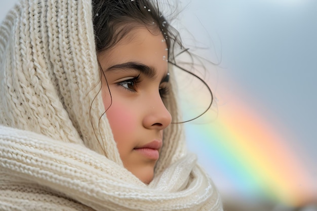 Sussurrato sogni una ragazzina con una sciarpa bianca abbracciando un arcobaleno