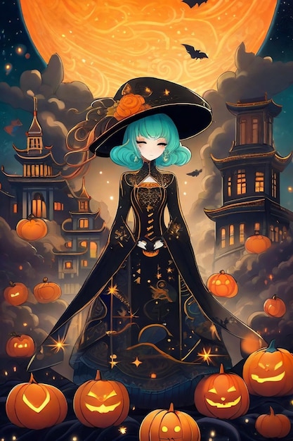 Sussurri gotici sotto le stelle Anime Girl with Pumpkin Hat