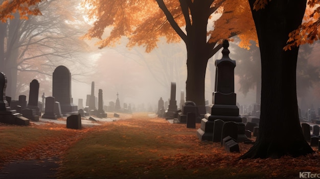 Sussurri nella nebbia svelano lo splendore dell'autunno in un cimitero storico