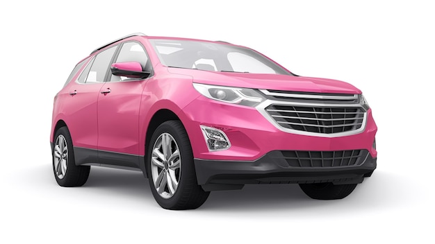 SUV cittadino rosa di medie dimensioni per una famiglia su sfondo bianco rendering 3d