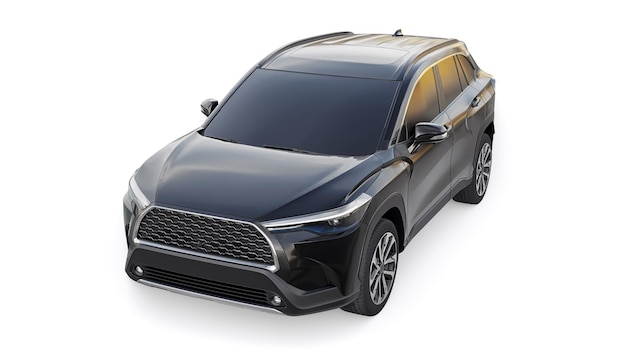 SUV compatto nero con motore ibrido e trazione integrale per le aree urbane e suburbane su sfondo bianco isolato illustrazione 3d